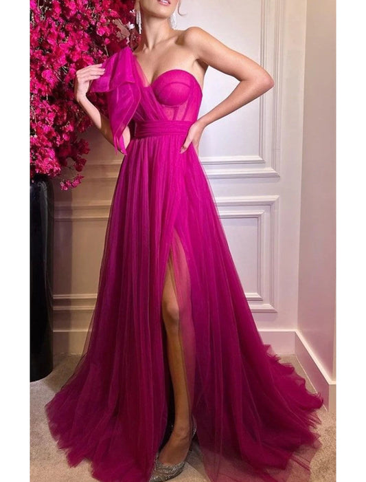 A-Line Prom Dresses Sexy Dress Wedding Party Birthday Court Train Sleeveless One Shoulder Tulle with Bow(s) Slit Masquerade Dress