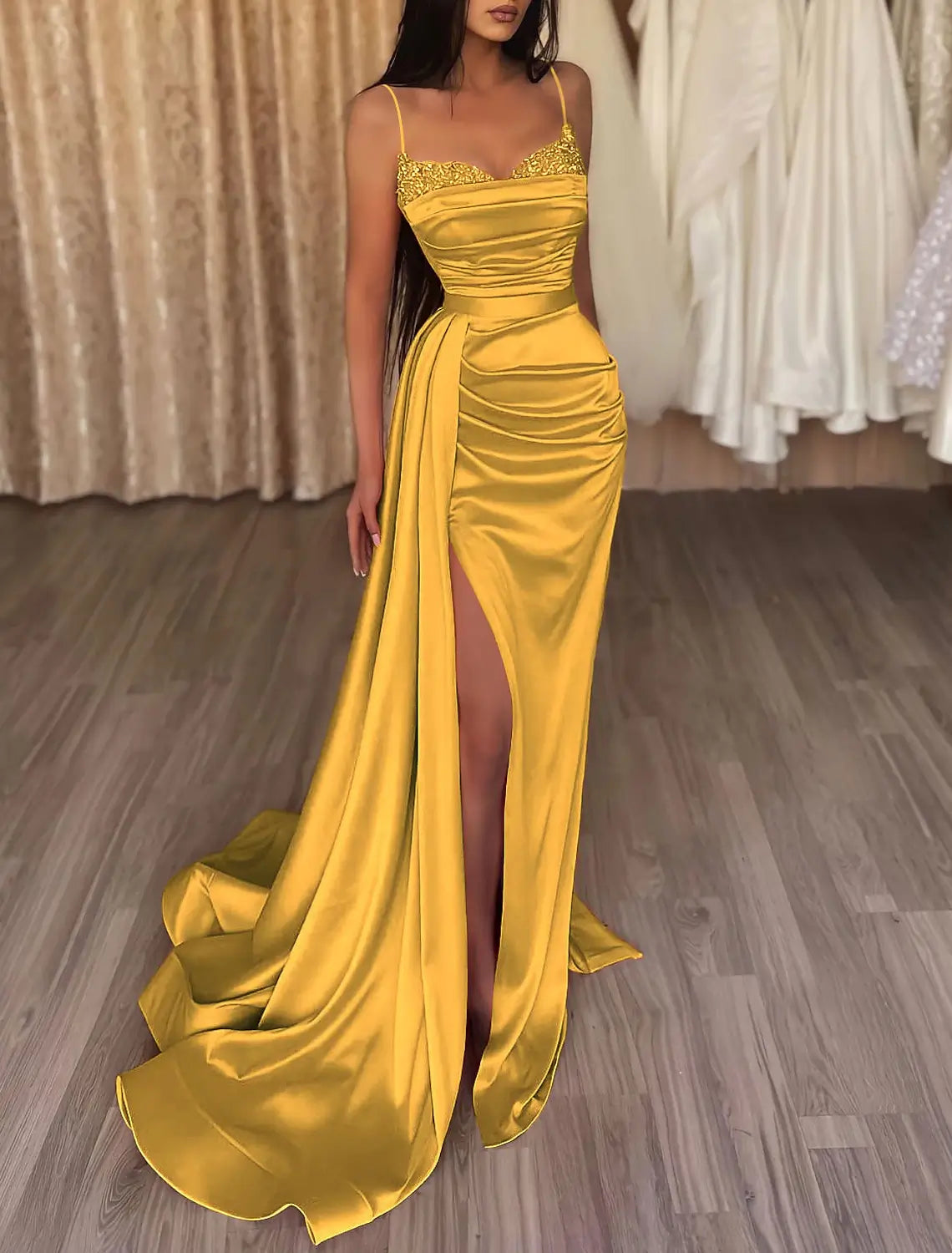 Mermaid Evening Gown Sequin Dress Wedding Guest Prom Sweep / Brush Train Sleeveless Spaghetti Strap Satin with Ruched Slit Masquerade Dress
