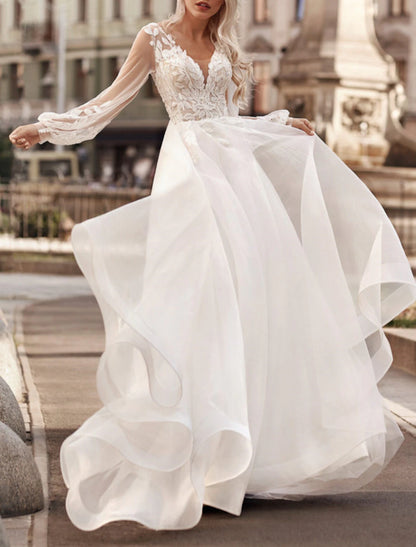 Wedding Dresses A-Line V Neck Long Sleeve Court Train Lace Bridal Gowns With Appliques Solid Color