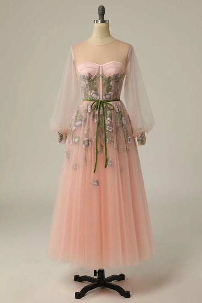 A Line Jewel Light Nude Long Prom Dress With Embroidery