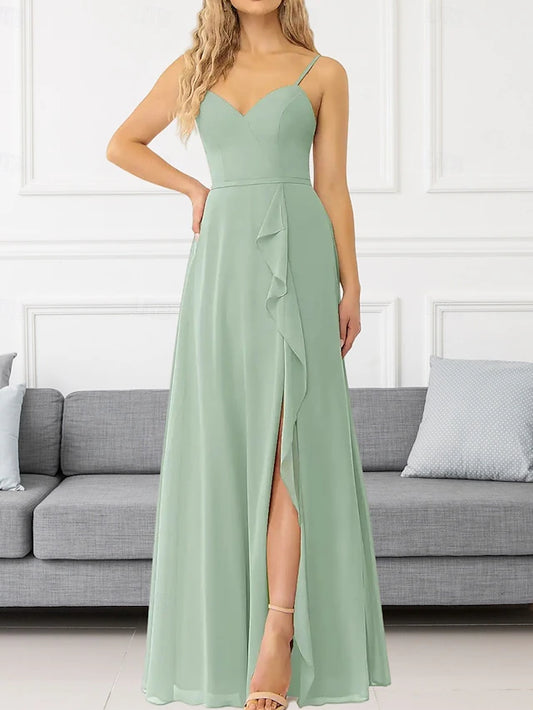A-Line Bridesmaid Dress V Neck / Spaghetti Strap Sleeveless Elegant Floor Length Chiffon with Ruffles / Split Front / Ruching