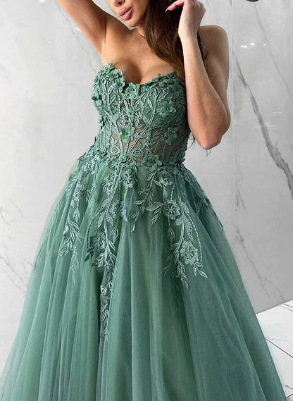 A-line Sweetheart Tulle Formal Prom Dress with Appliques Lace