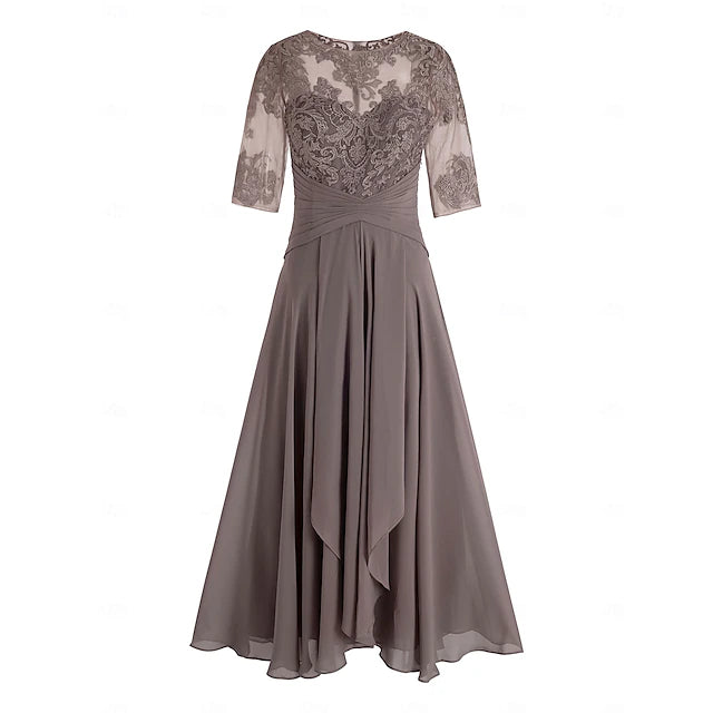 A-Line Mother of the Bride Dress Wedding Guest Elegant Plus Size High Low V Neck Asymmetrical Ankle Length Chiffon Lace Half Sleeve with Beading Appliques dress