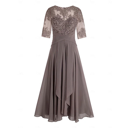 A-Line Mother of the Bride Dress Wedding Guest Elegant Plus Size High Low V Neck Asymmetrical Ankle Length Chiffon Lace Half Sleeve with Beading Appliques dress