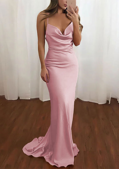 Sheath/Column Cowl Neck Spaghetti Straps Sweep Train Satin Prom Dress