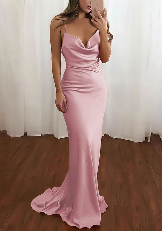 Sheath/Column Cowl Neck Spaghetti Straps Sweep Train Satin Prom Dress