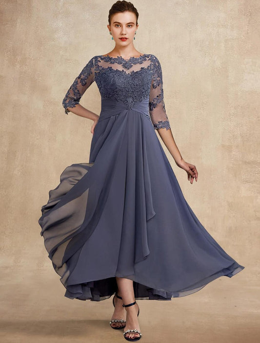 A-Line Mother of the Bride Dress Elegant Plus Size High Low Jewel Neck Asymmetrical Tea Length Chiffon Lace Half Sleeve with Ruched Appliques