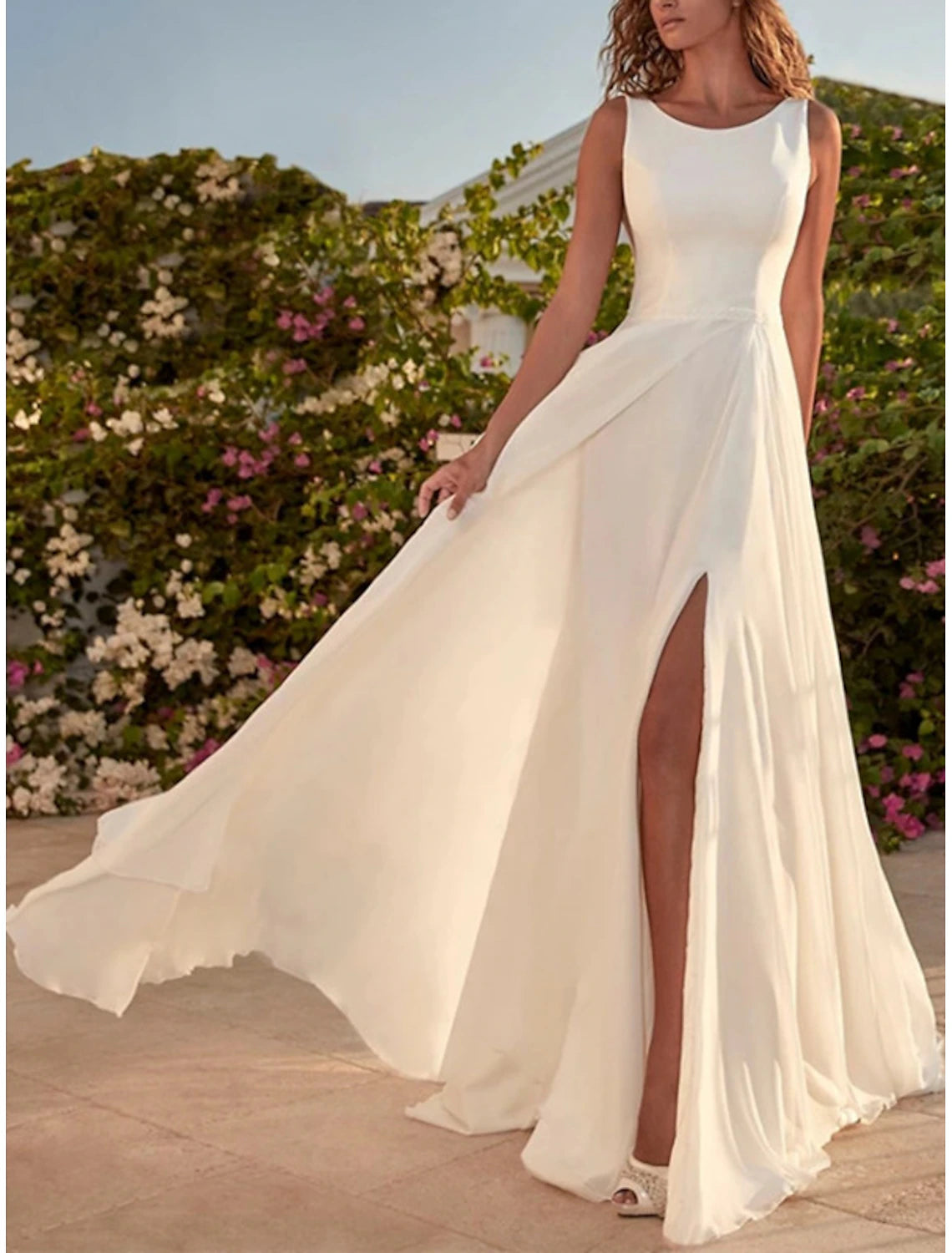 Hall Simple Wedding Dresses A-Line Scoop Neck Sleeveless Floor Length Chiffon Bridal Gowns With Split Front