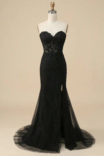 Black Corset Sweetheart Long Lace Mermaid Prom Dress With Slit