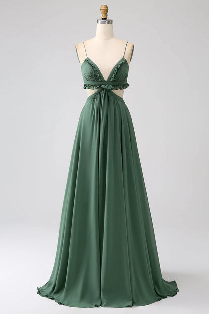 Spaghetti Straps Ruffles Green Hollow-Out Long Bridesmaid Dress