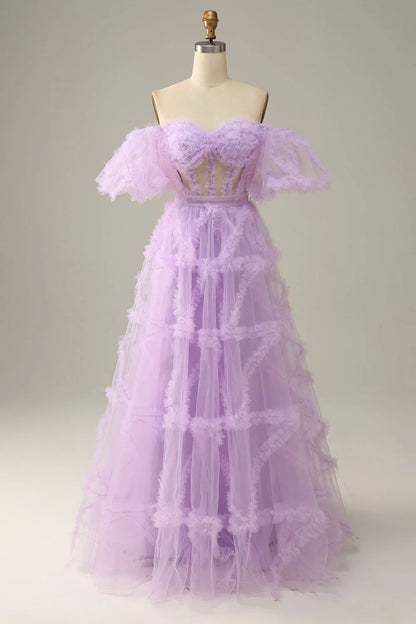 Purple Tulle Off The Shoulder Prom Dress