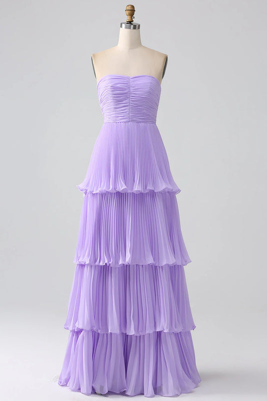 A-Line Sweetheart Lilac Tiered Chiffon Long Bridesmaid Dress With Pleated