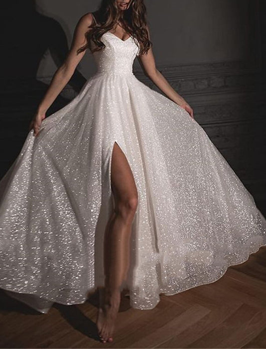 Bridal Shower Sequin Wedding Dresses A-Line Sweetheart Camisole Spaghetti Strap Floor Length Sequined Bridal Gowns With Sequin Split Front