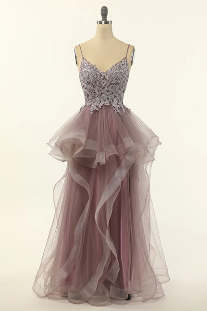 Tulle Purple Grey Spaghetti Straps Prom Dress With Appliques