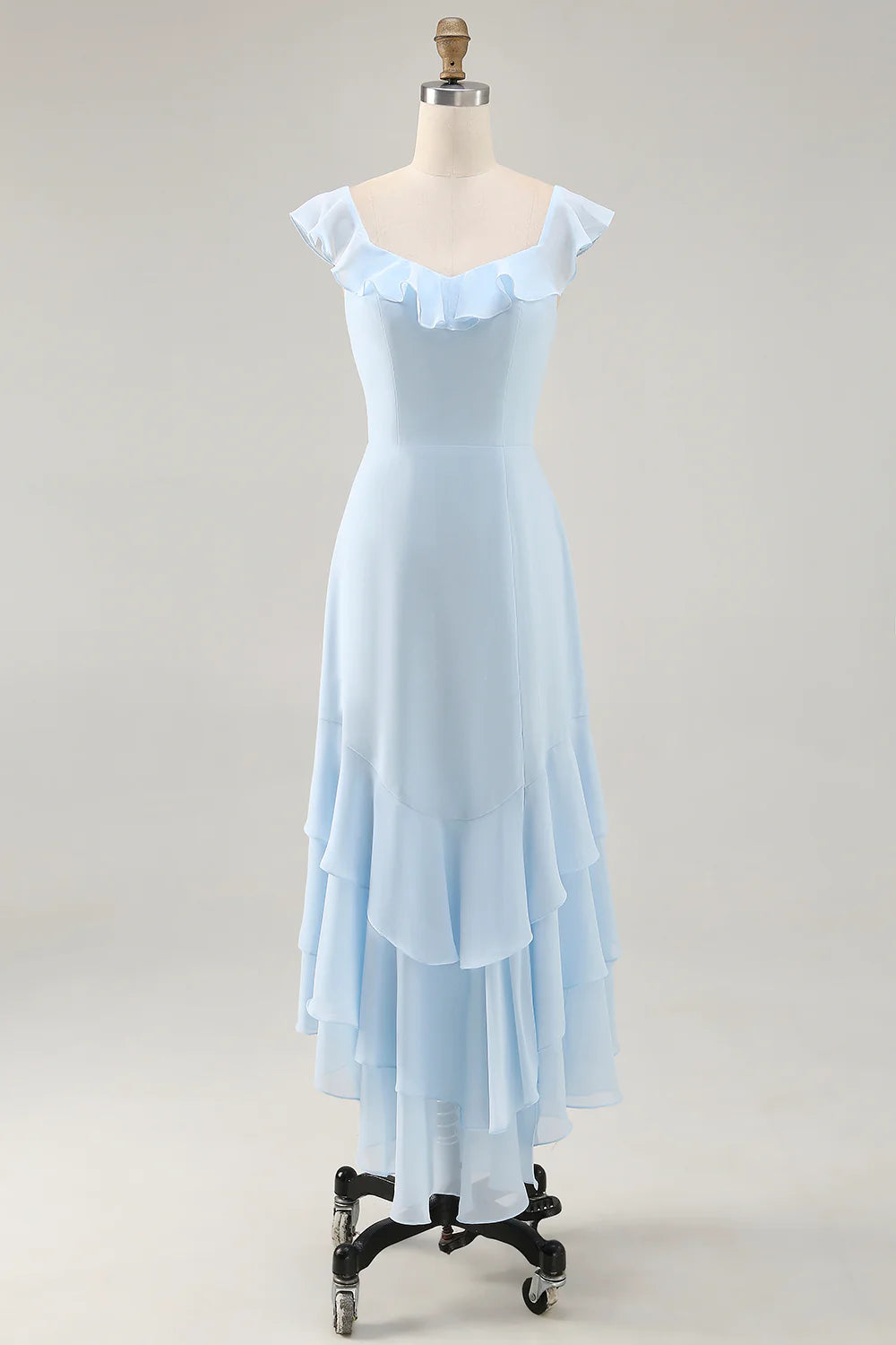 Sky Blue Chiffon Tiered Asymmetrical Bridesmaid Dress with Ruffles