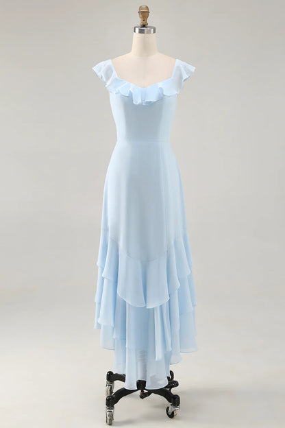 Sky Blue Chiffon Tiered Asymmetrical Bridesmaid Dress with Ruffles