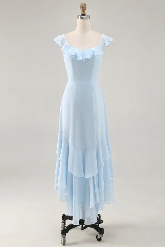 Sky Blue Chiffon Tiered Asymmetrical Bridesmaid Dress with Ruffles