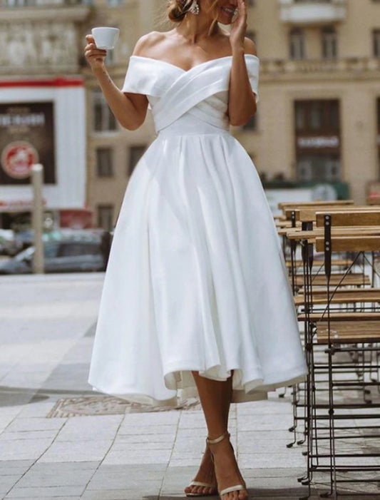 Reception Vintage Little White Dresses Wedding Dresses A-Line Off Shoulder Cap Sleeve Tea Length Satin Bridal Gowns With Pleats