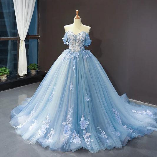 Ball Gown Off-the-shoulder Floor-Length Pleated Prom Dresses with Lace Appliques