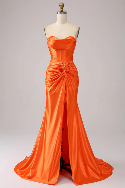 Orange Mermaid Sweetheart Corset Long Sparkly Prom Dress With Slit