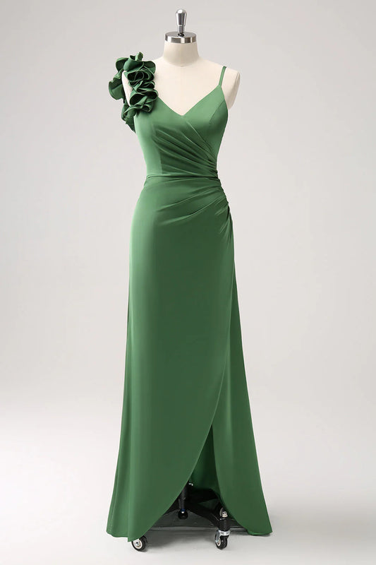 Olive Green Pleated Satin Bridesmaid Dress With Slit