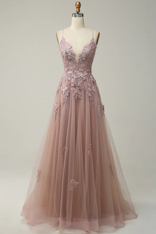 Blush Spaghetti Straps Appliques Tulle Prom Dress