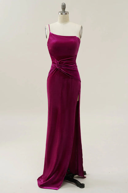 One Shoulder Velvet Prom Dress With Slit