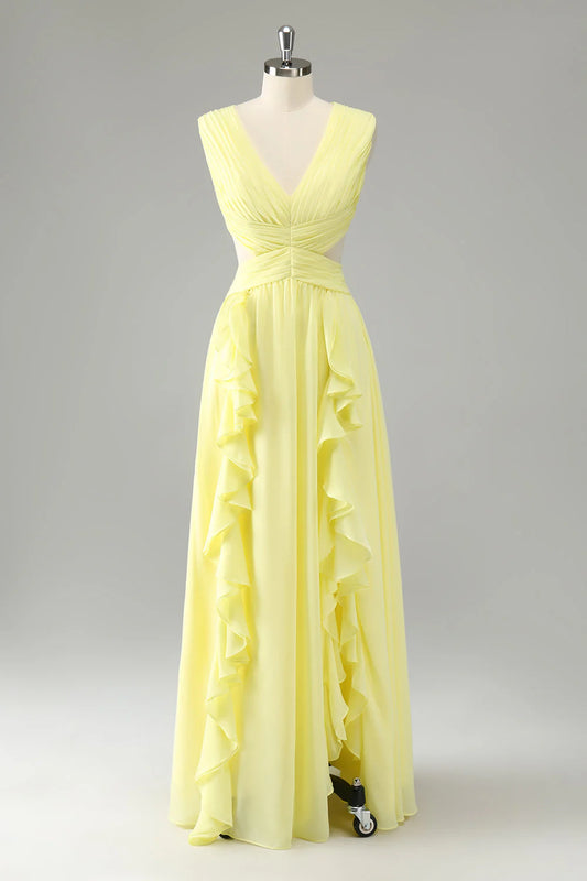 Lemon Yellow A Line Cut Out Long Bridesmaid Dress With Ruffles