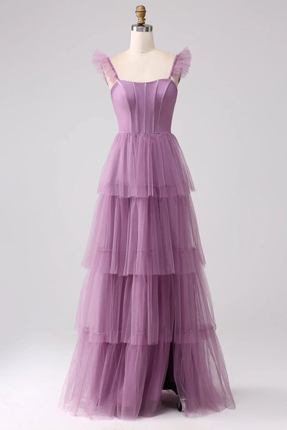 Purple A Line Tulle Tiered Pleated Long Prom Dress With Slit