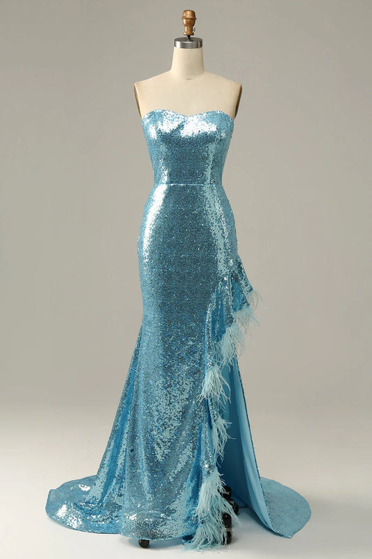 Sky Blue Sweetheart Sequined Mermaid Prom Dress With Feathers