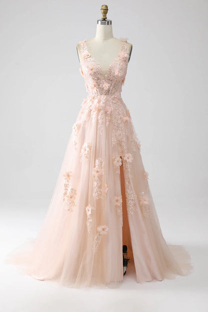 Blush A-Line Spaghetti Straps Long Prom Dress With Appliques