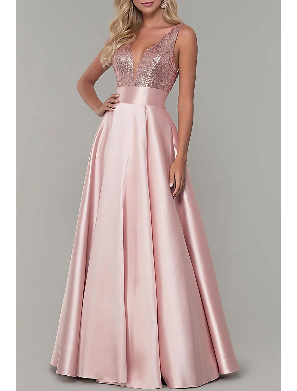 A-Line Prom Dresses Sparkle Dress Prom Formal Evening Floor Length Sleeveless V Neck Bridesmaid Dress Satin with Pleats Sequin dress