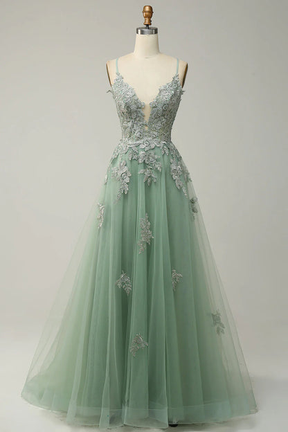 Green Spaghetti Straps Appliques Tulle Prom Dress