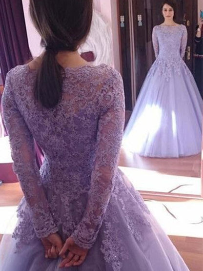 Ball Gown Jewel Long Sleeves Floor-Length Lace Tulle Dresses