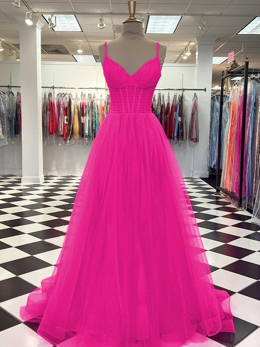 A-Line/Princess Tulle Ruffles V-neck Sleeveless Sweep/Brush Train Dresses