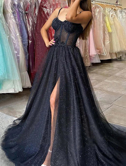 A-Line Prom Dresses Corsets Dress Wedding Floor Length Sleeveless Scoop Neck Tulle with Slit Masquerade Dress