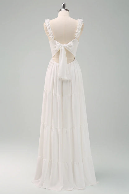 White A Line Ruffled Bride Dress with Bow