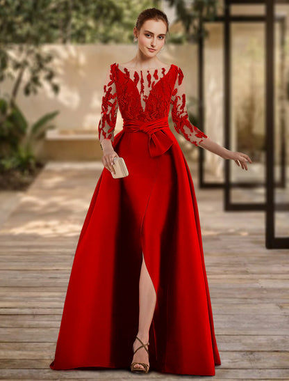 A-Line Evening Gown Open Back Dress Formal Wedding Guest Floor Length 3/4 Length Sleeve Scoop Neck Lace with Slit Strappy dress