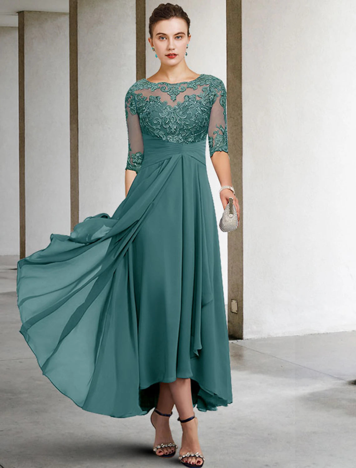 A-Line Mother of the Bride Dress Wedding Guest Elegant Plus Size High Low V Neck Asymmetrical Ankle Length Chiffon Lace Half Sleeve with Beading Appliques dress