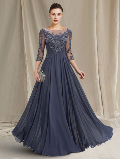 A-Line Mother of the Bride Dress Elegant Jewel Neck Floor Length Chiffon Lace 3/4 Length Sleeve with Pleats Appliques dress