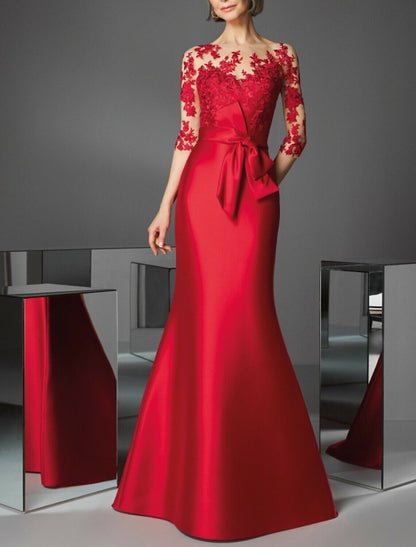 Mermaid Evening Gown Elegant Dress Engagement Floor Length 3/4 Length Sleeve Illusion Neck Fall Wedding Guest Satin with Appliques