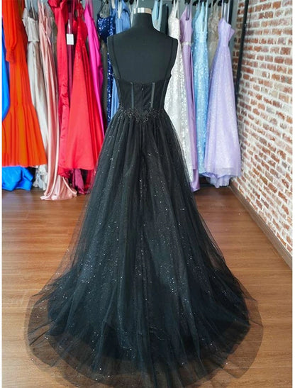 A-Line Prom Dresses Corsets Dress Wedding Floor Length Sleeveless Scoop Neck Tulle with Slit Masquerade Dress