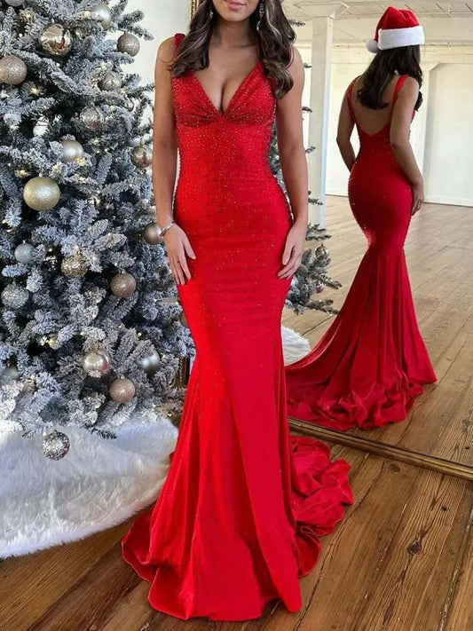 Mermaid Deep V-Neck Beaded Satin Long Prom Dress