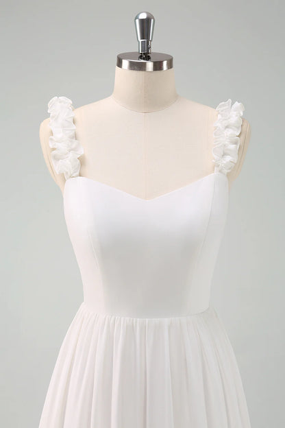 White A Line Ruffled Bride Dress with Bow