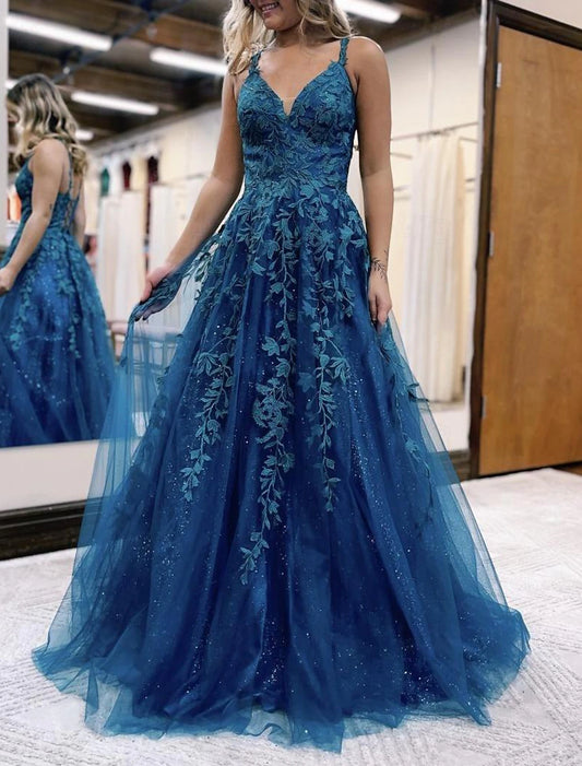 Ball Gown A-Line Prom Dresses Sparkle & Shine Dress Formal Wedding Party Floor Length Sleeveless V Neck Tulle Backless with Glitter Appliques