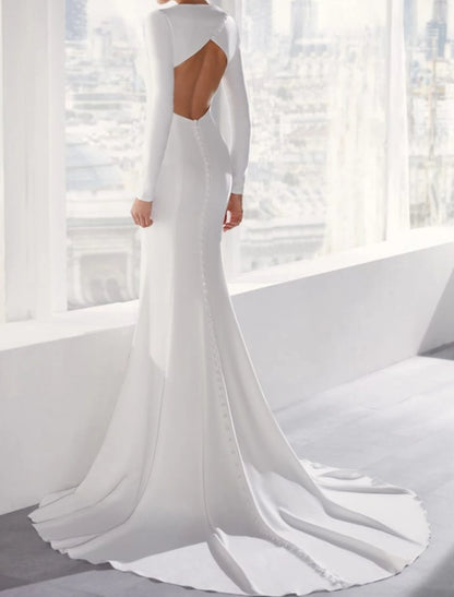 Hall Open Back Casual Wedding Dresses Mermaid Scoop Neck Long Sleeve Court Train Stretch Fabric Bridal Gowns With Buttons