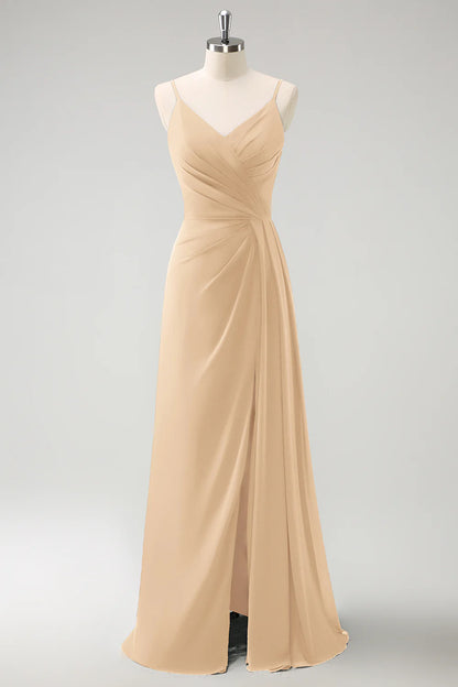 Blush Pink Spaghetti Straps Ruche Long Bridesmaid Dress with Slit