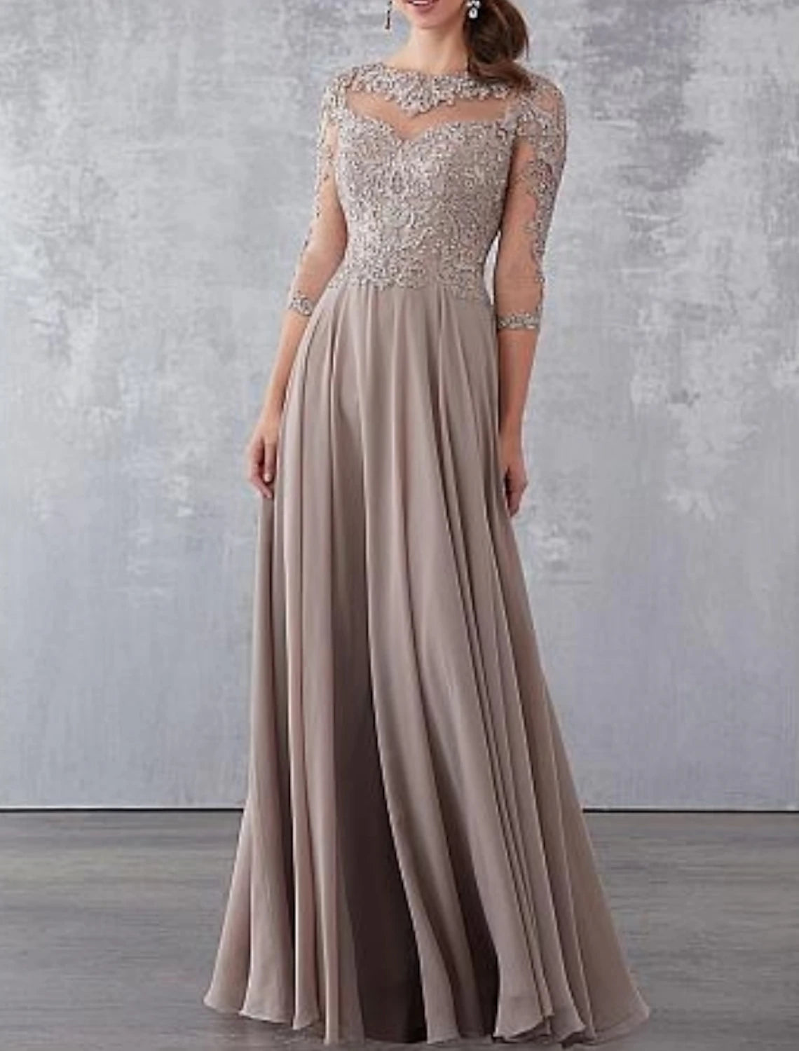 A-Line Mother of the Bride Dress Wedding Guest Elegant See Through Jewel Neck Floor Length Chiffon Lace 3/4 Length Sleeve with Draping Appliques