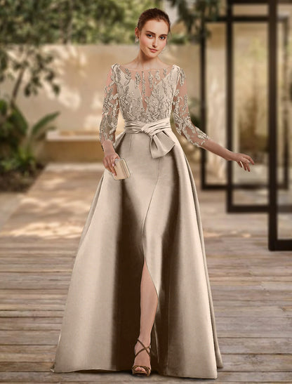 A-Line Evening Gown Open Back Dress Formal Wedding Guest Floor Length 3/4 Length Sleeve Scoop Neck Lace with Slit Strappy dress