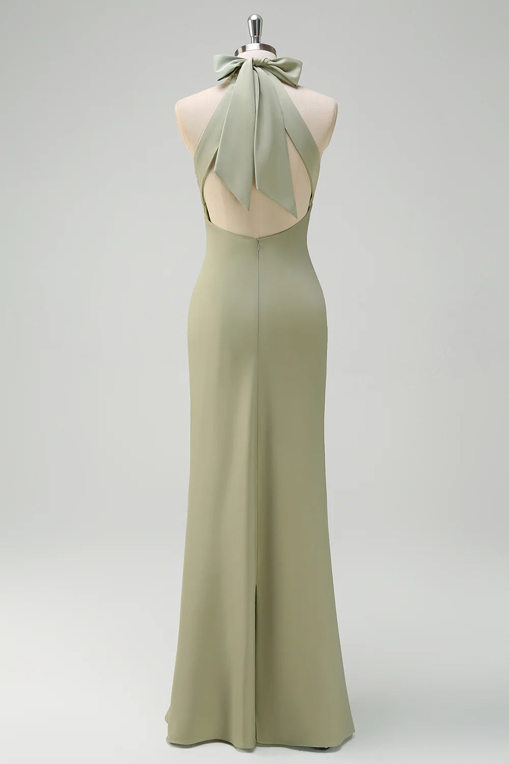 Sage Sheath Halter Long Bridesmaid Dress with Bow